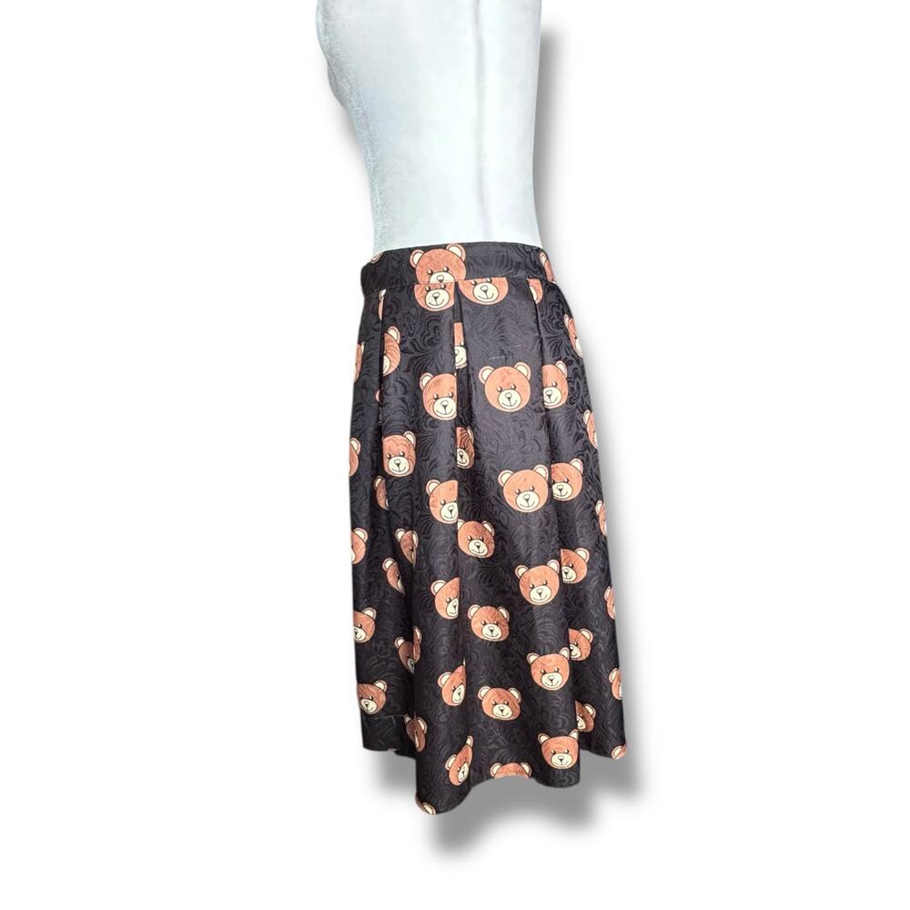 Teddy Bear Print Black Jacquard Pleated FloMidi Skirt Kawaii Harajuku Retro - Picture 5 of 11